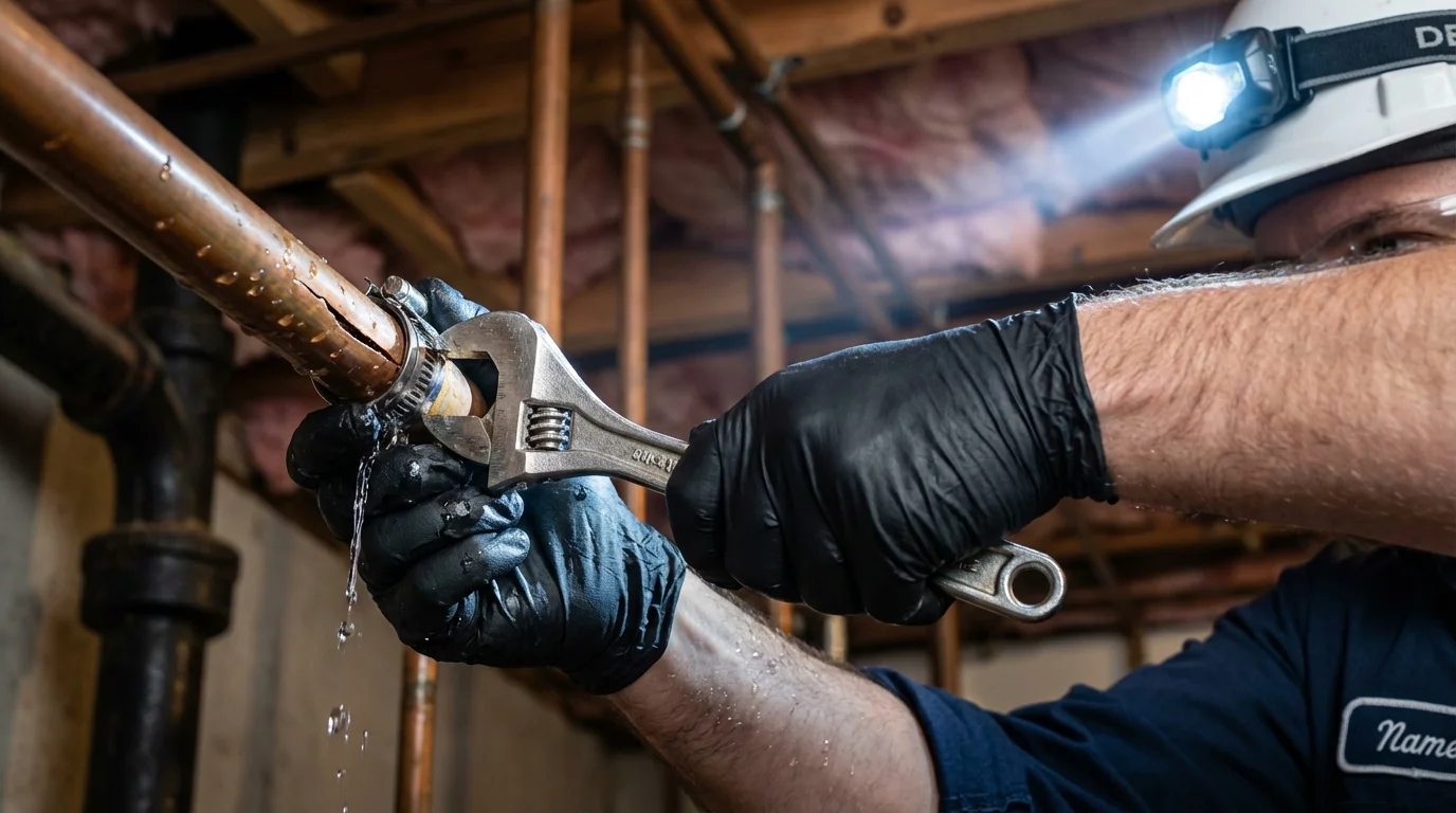 Emergency pipe clamp repair being performed by a Johns Plumbing LLC plumber in Harvard