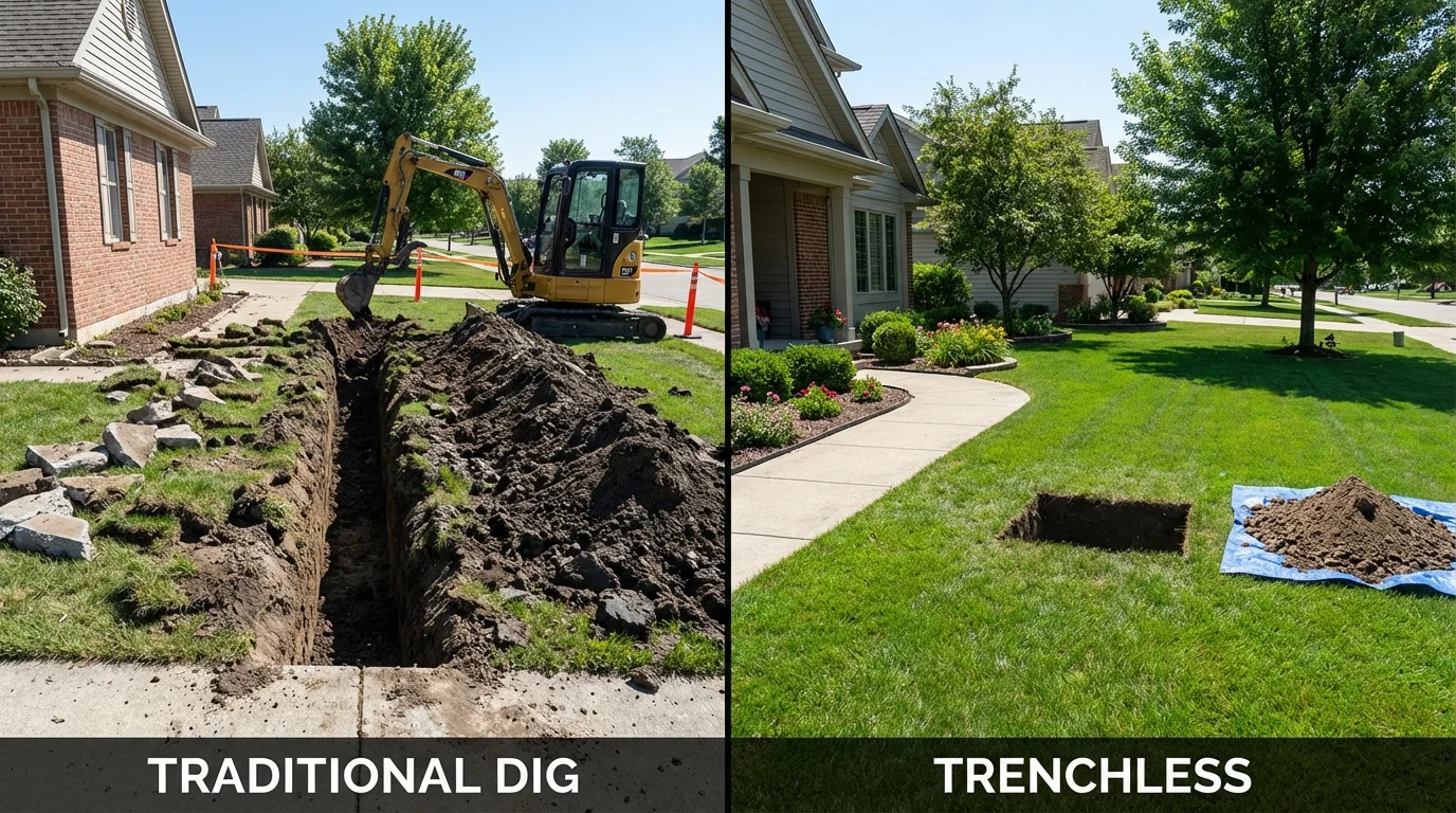 Trenchless sewer repair with minimal yard damage versus traditional excavation in Harvard, IL
