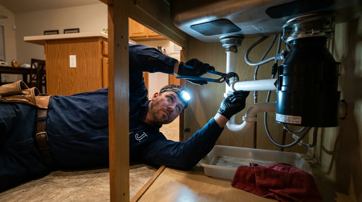 P-trap and supply line connections under a kitchen sink showing a common leak point in Harvard, IL